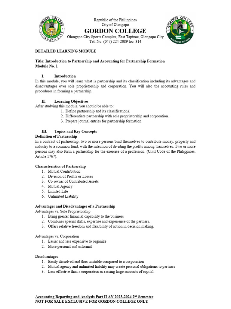 Module 1 Introduction To Partnership Partnership Formation Pdf