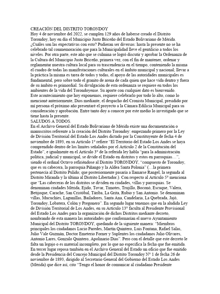 Creación del Distrito Torondoy en 1893 | PDF | Gobierno local