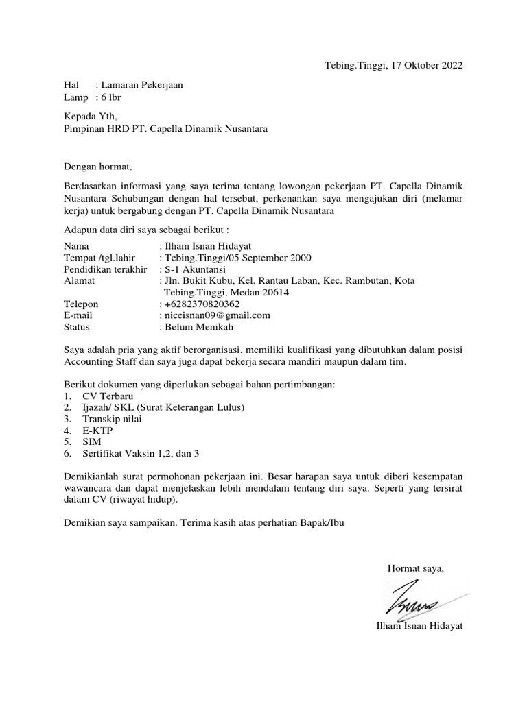 Surat Lamaran Kerja PT. Capella Dinamik Nusantara | PDF
