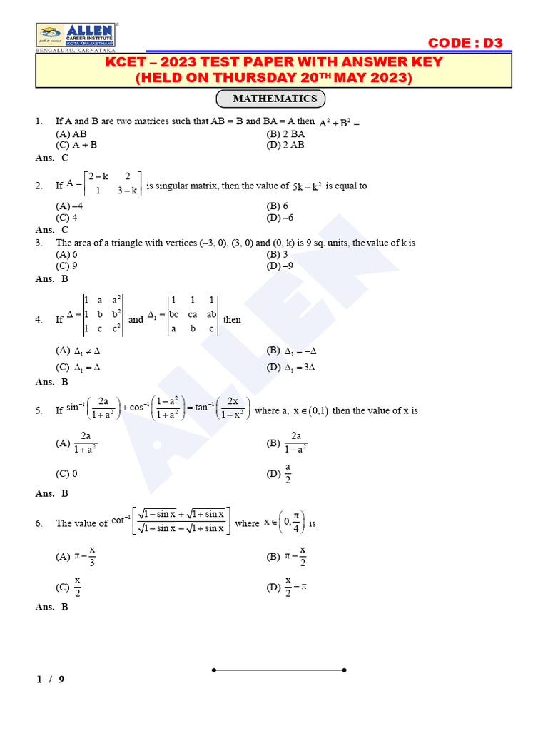 Kcet Math Download Free Pdf Matrix Mathematics Tangent