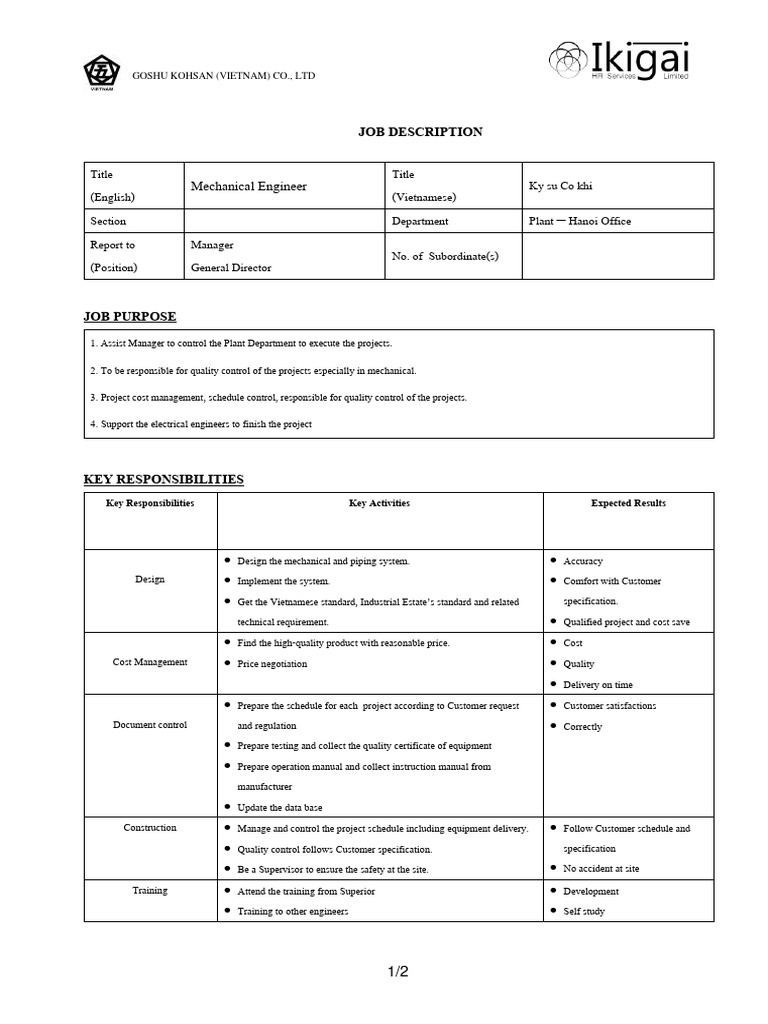 Mechanical Engineer Job Description | PDF | Specification (Technical ...