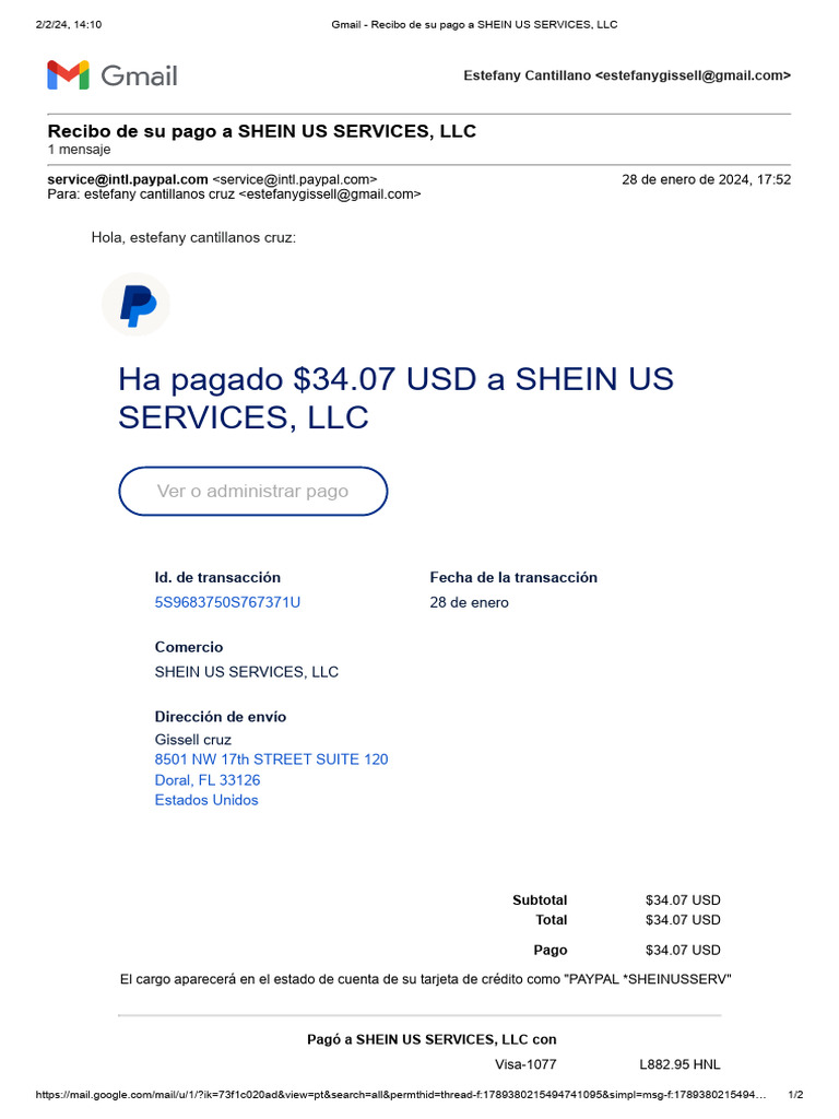 Gmail - Recibo de Su Pago A SHEIN US SERVICES, LLC | PDF