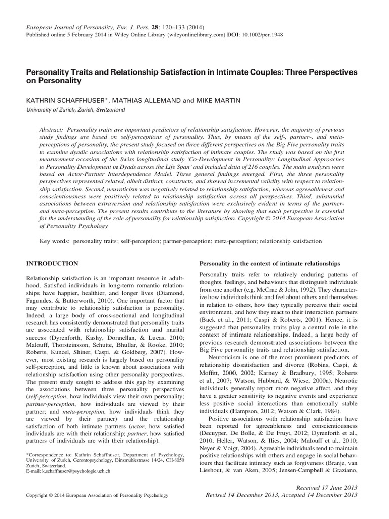 Personality Traits and Relationship Satisfaction in Intimate Couples ...