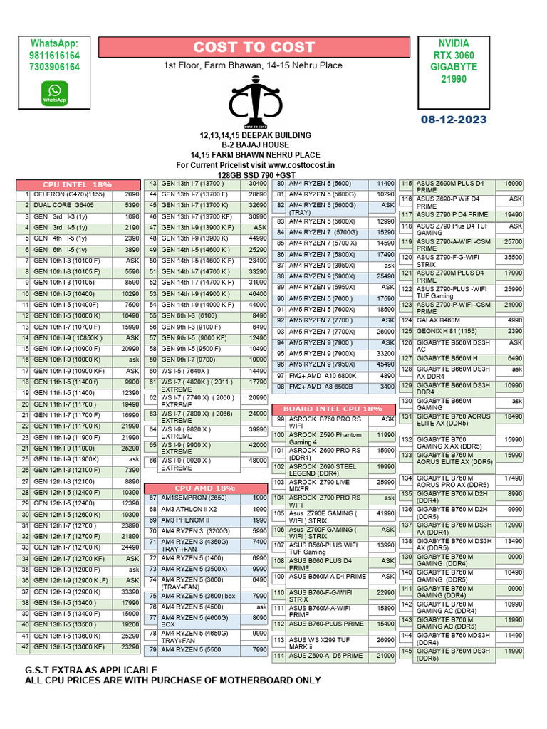 Latest CPU & Motherboard Prices 2023 | PDF | Computers