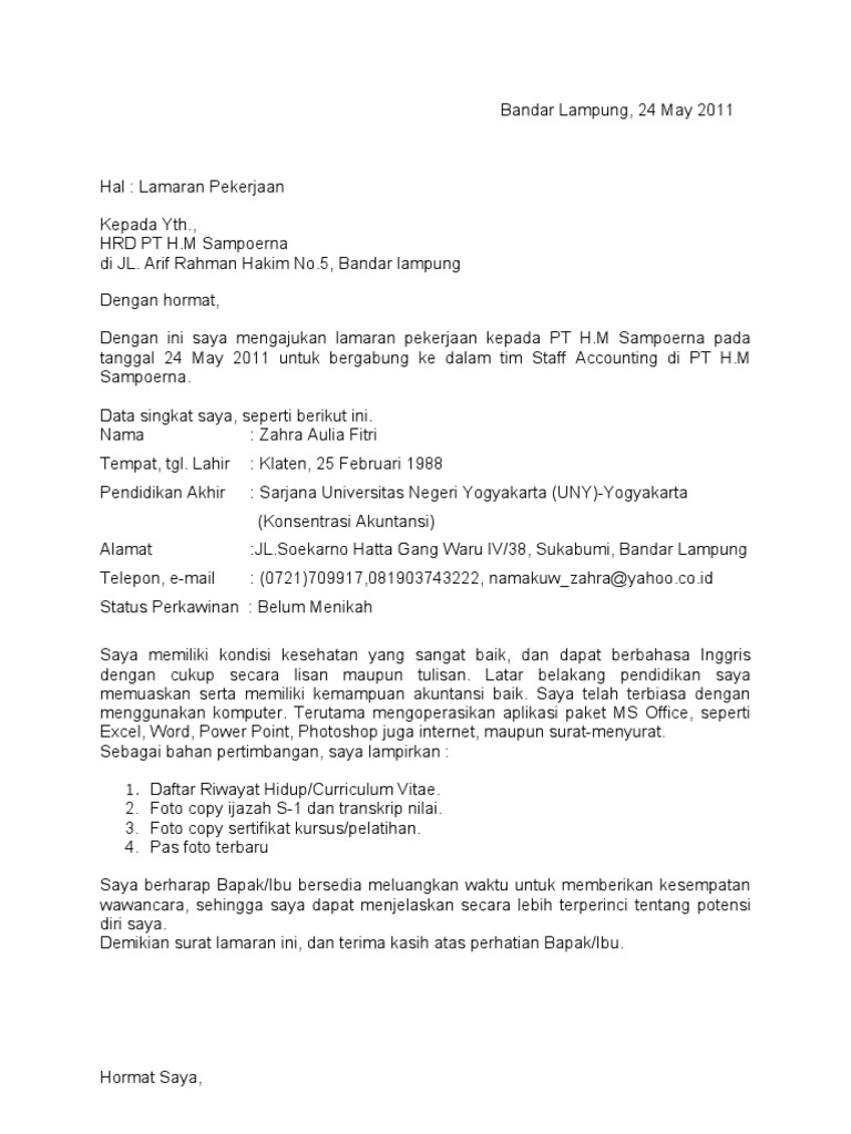 Contoh Surat Lamaran Kerja Di Pabrik Rokok Sampoerna Nusagates