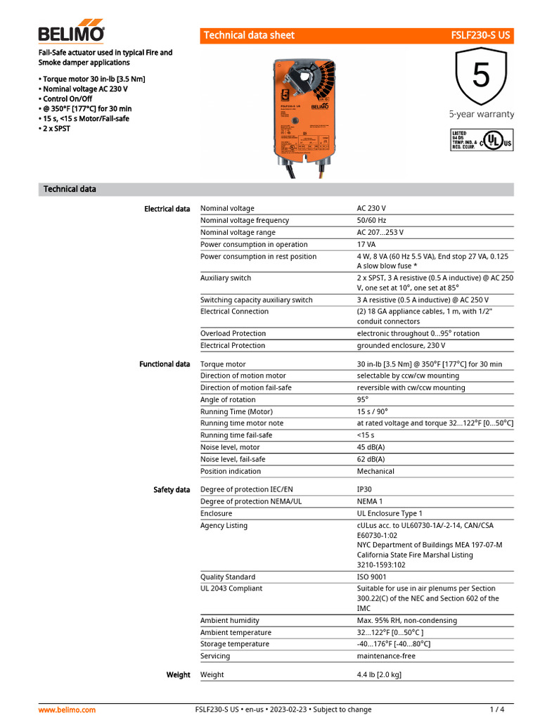 Belimo FSLF230-S US Datasheet En-Us | PDF | Electric Power | Machines