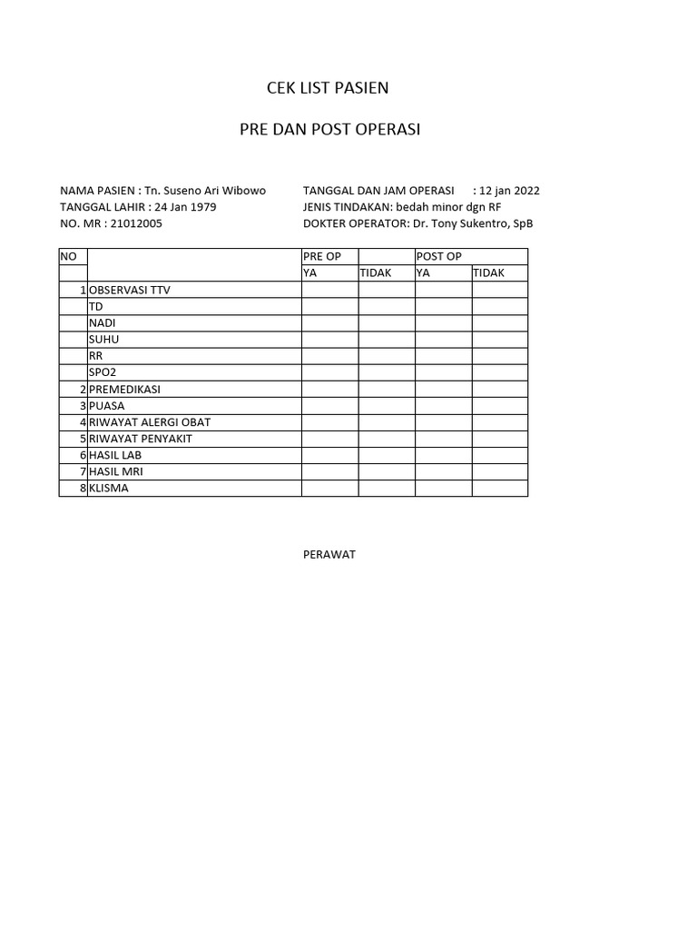 Cek List Pre Dan Post Op | PDF | Sains & Matematika