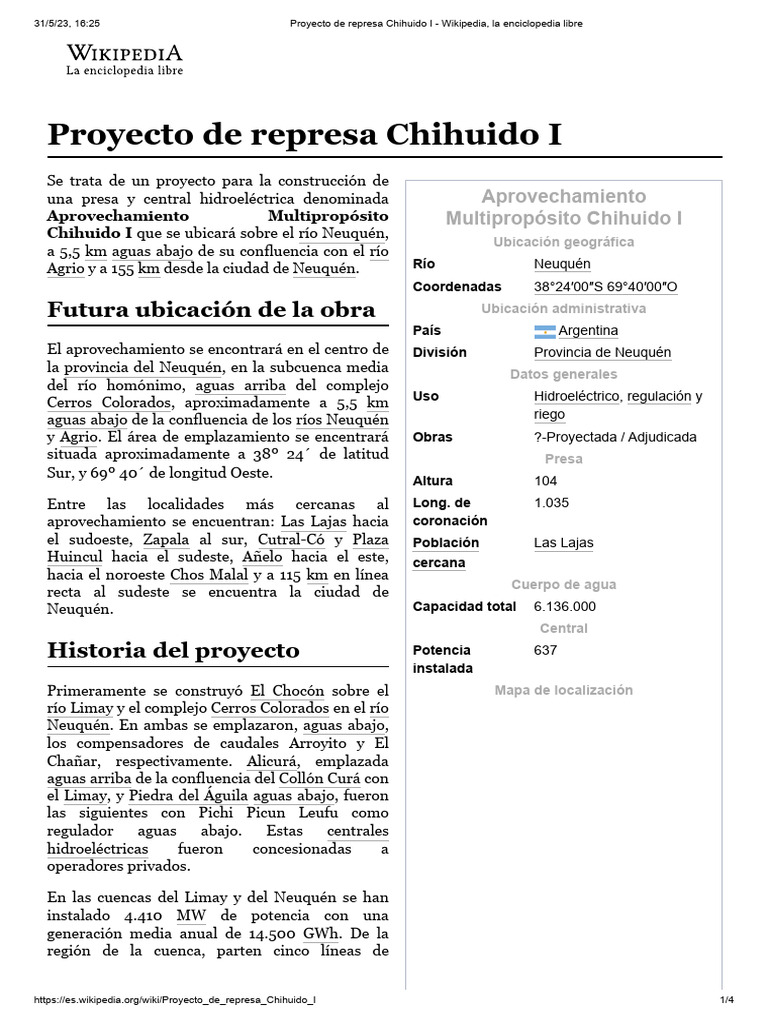 Proyecto de Represa Chihuido I PDF