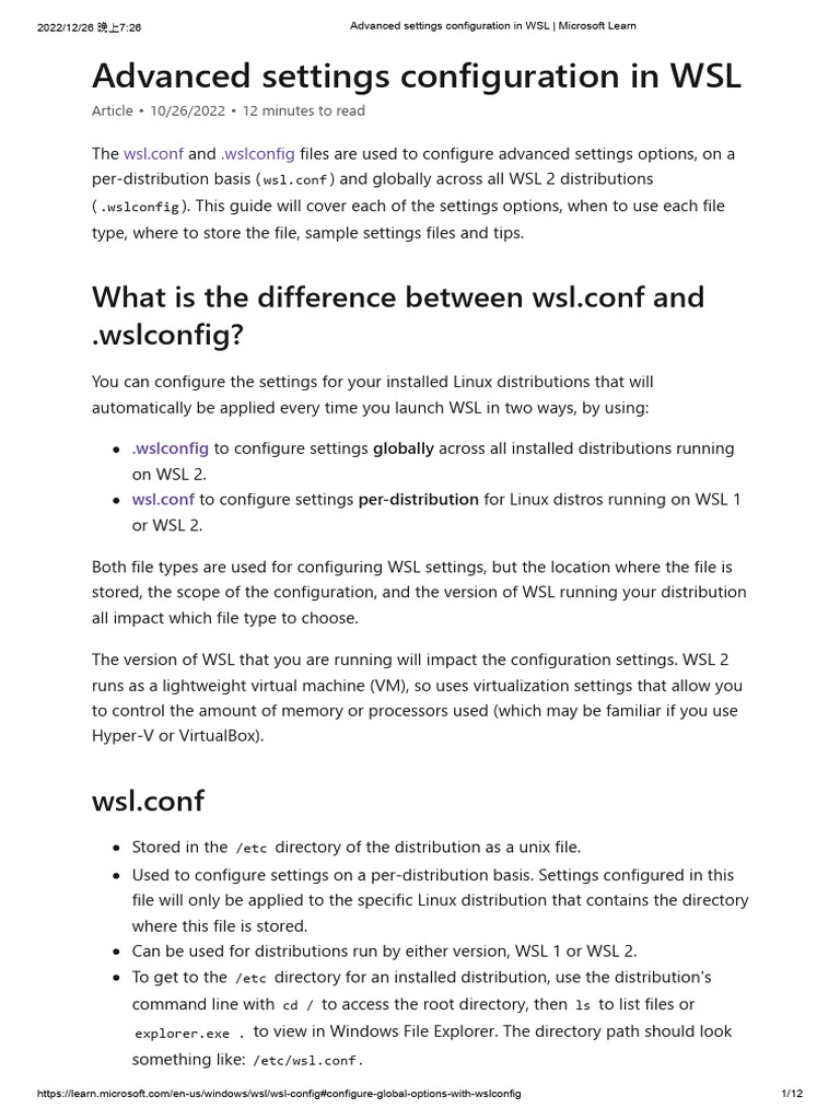 Advanced Settings Configuration in WSL - Microsoft Learn | PDF ...