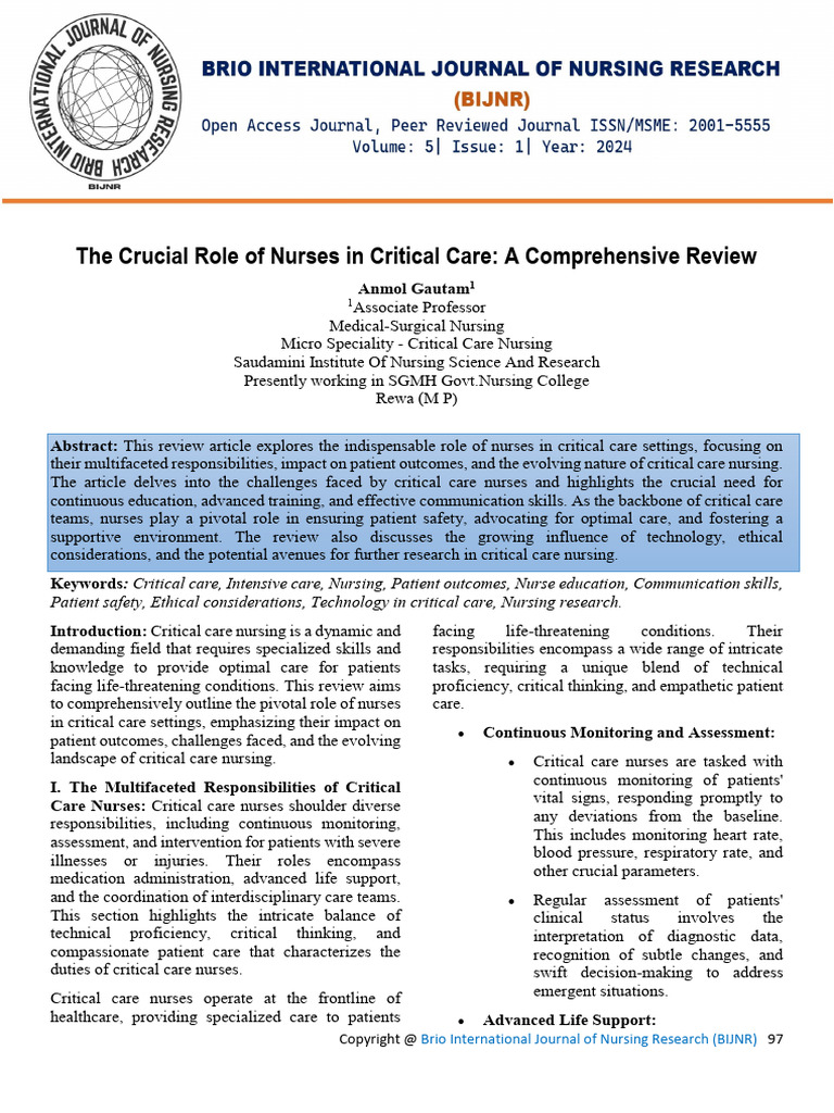 The Crucial Role of Nurses in Critical Care: A Comprehensive Review