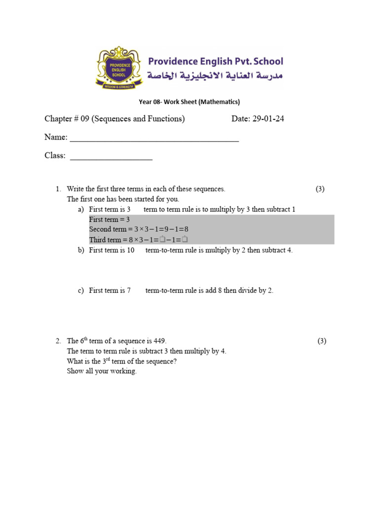 Work Sheet Year 8 Chapter 09 | PDF | Function (Mathematics ...