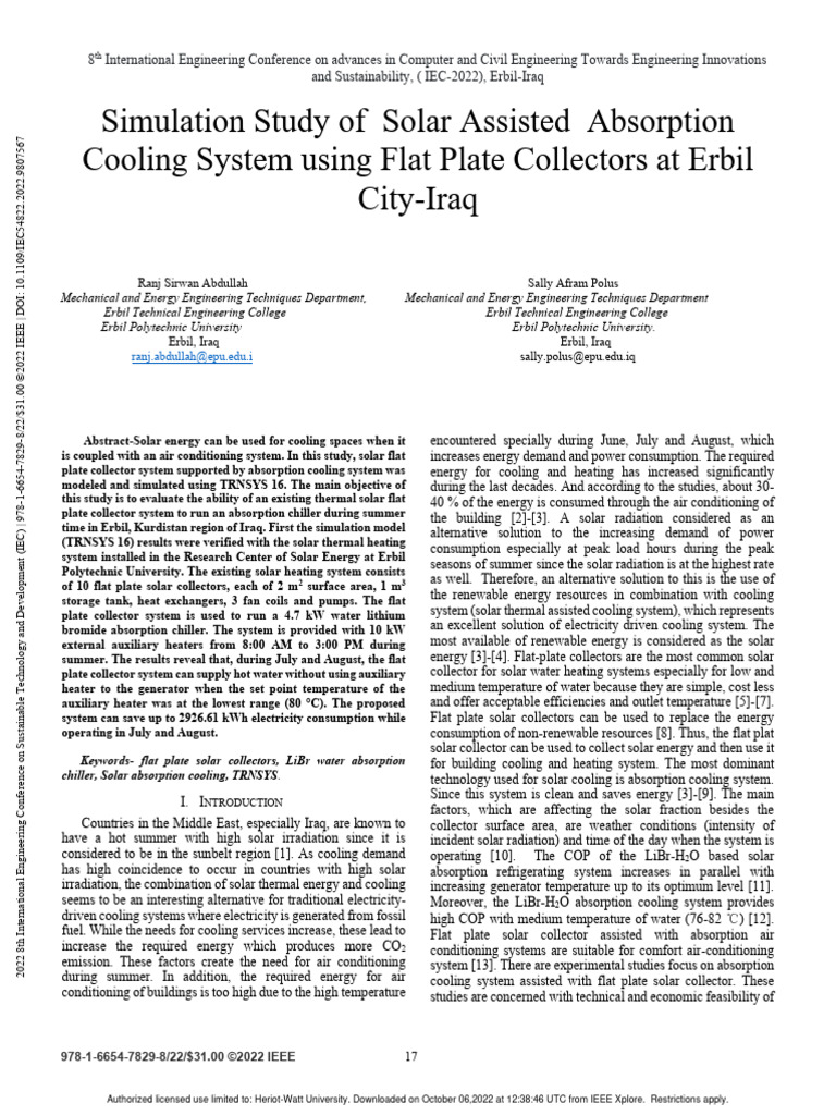 Solar Absorption Cooling System Study | PDF | Solar Energy | Water Heating