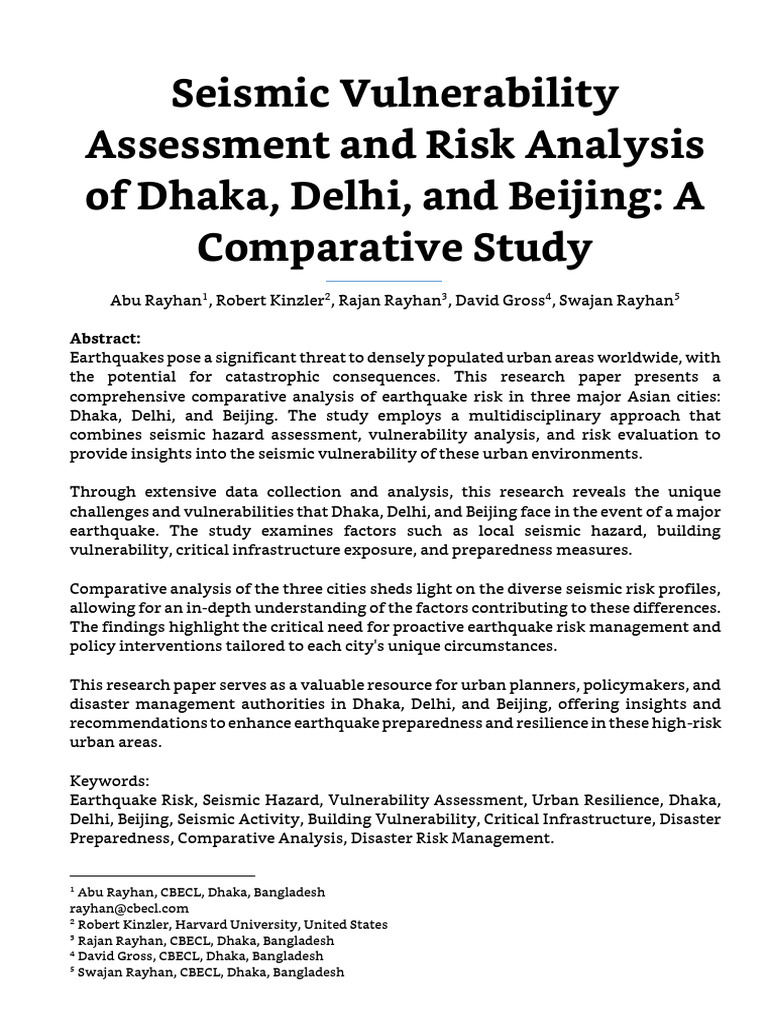 Seismic Vulnerability Assessment And Risk Analysis Of Dhaka Delhi And