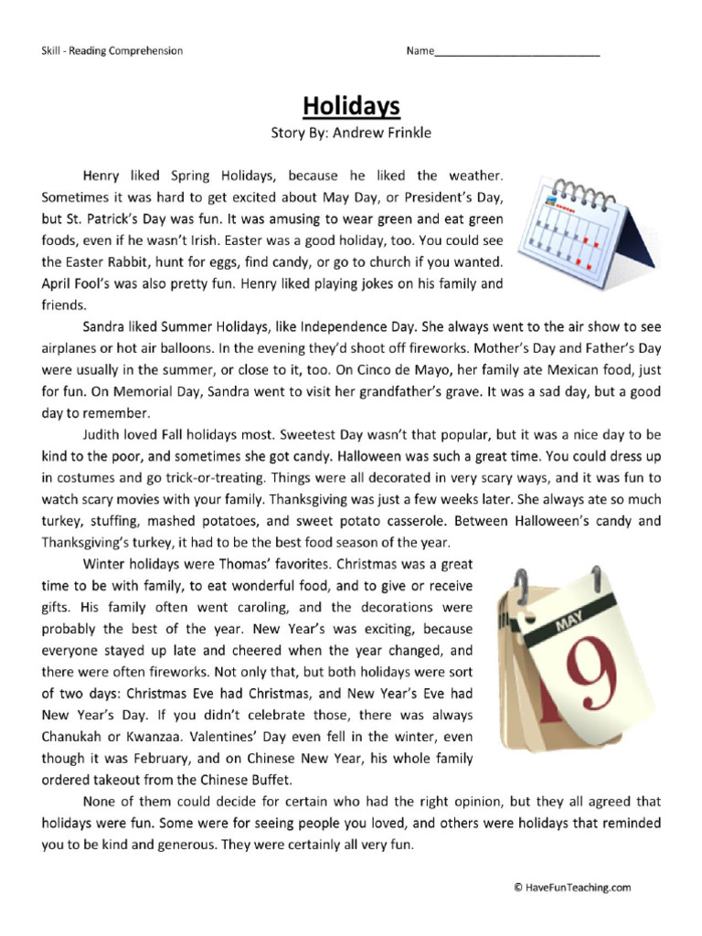 Free Holidays Sixth Grade Reading Comprehension Worksheet | PDF for Free Printable 6th Grade Reading Comprehension Worksheets