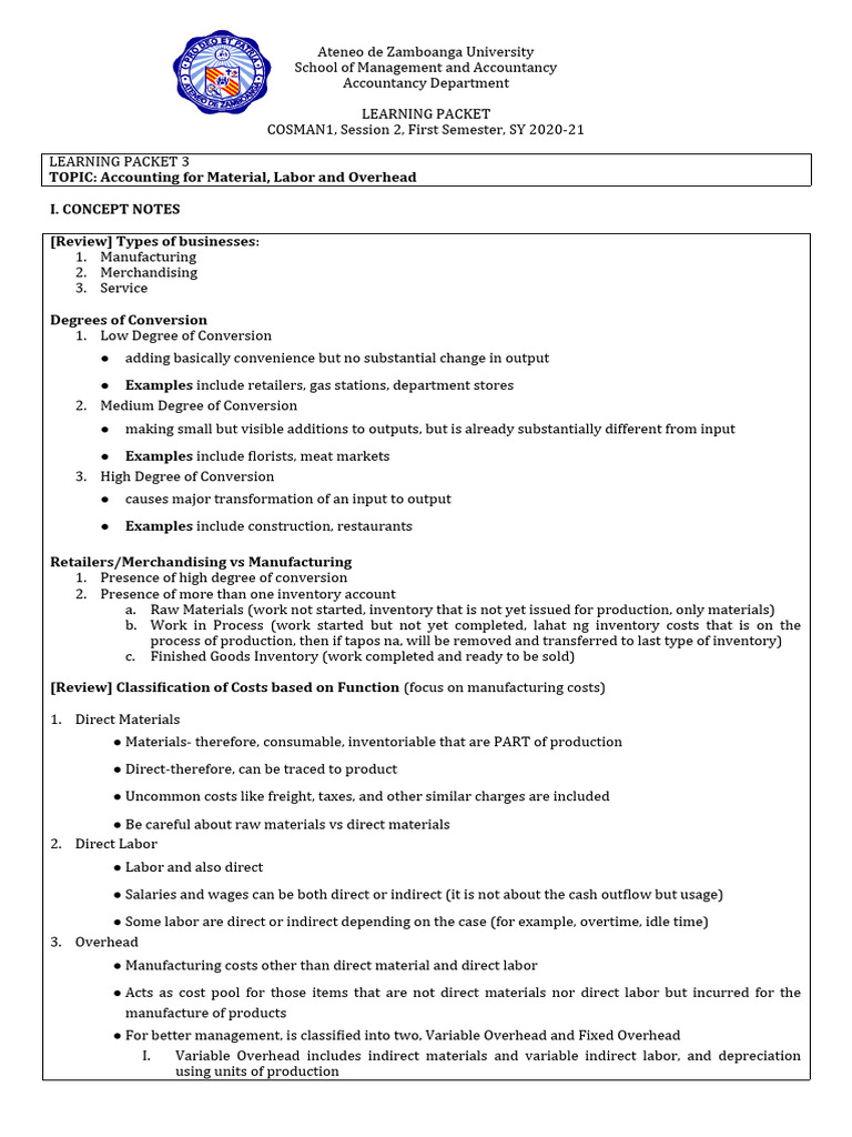 Cosman Learning Packet Accounting For Material Labor And Overhead Pdf