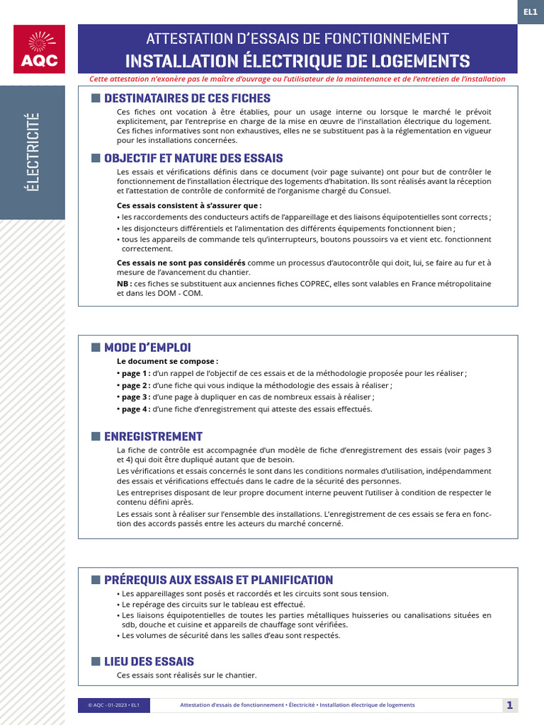 Fi Attestations Electricite El1 Installation Electrique Logements Aqc | PDF