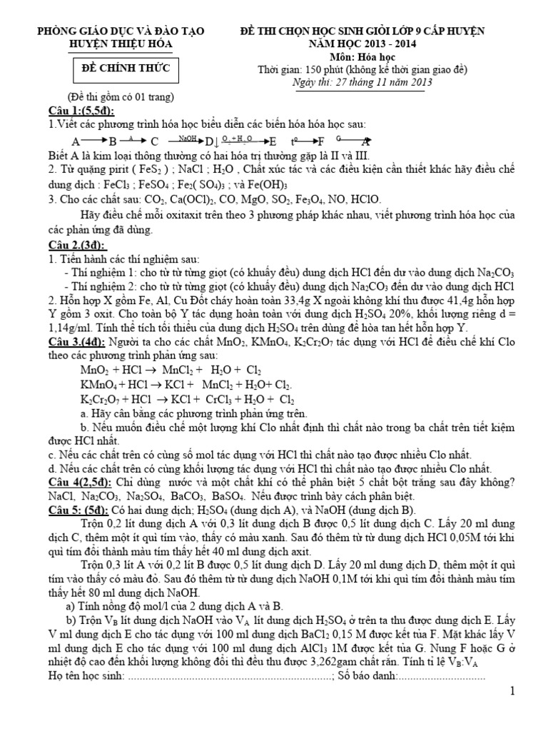 De Va Dap An HSG Mon Hoa Hoc 9 Huyen Thieu Hoa Nam Hoc 2013 2014 | PDF