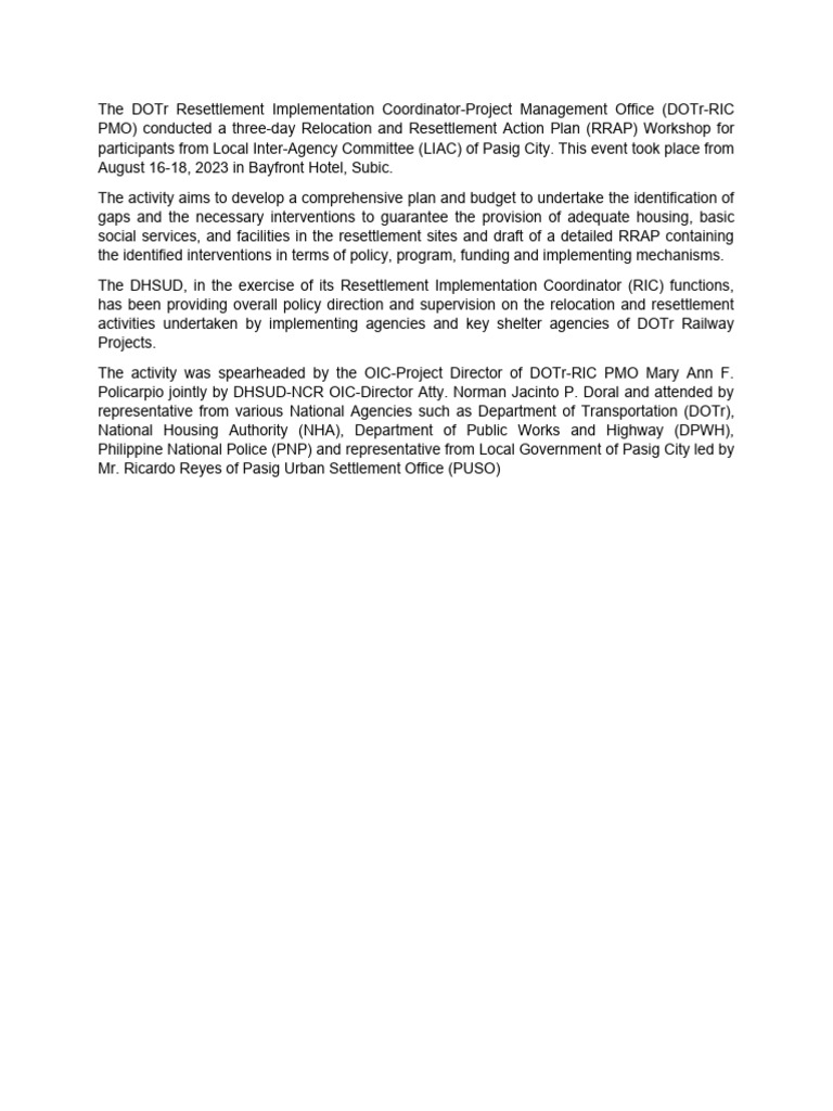 Write-Up Relocation and Resettlement Action Plan Workshop | PDF