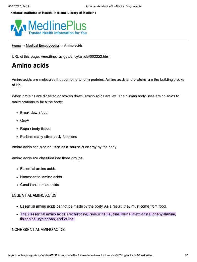 Amino Acids Medlineplus Medical Encyclopedia Pdf 