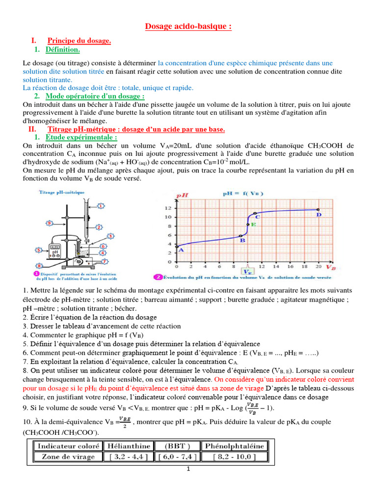 Dosage acido-basique : titrage pH-métrique | PDF | Titrage | Chimie