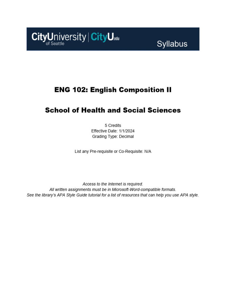 ENG 102 Course Overview and Assignments | PDF