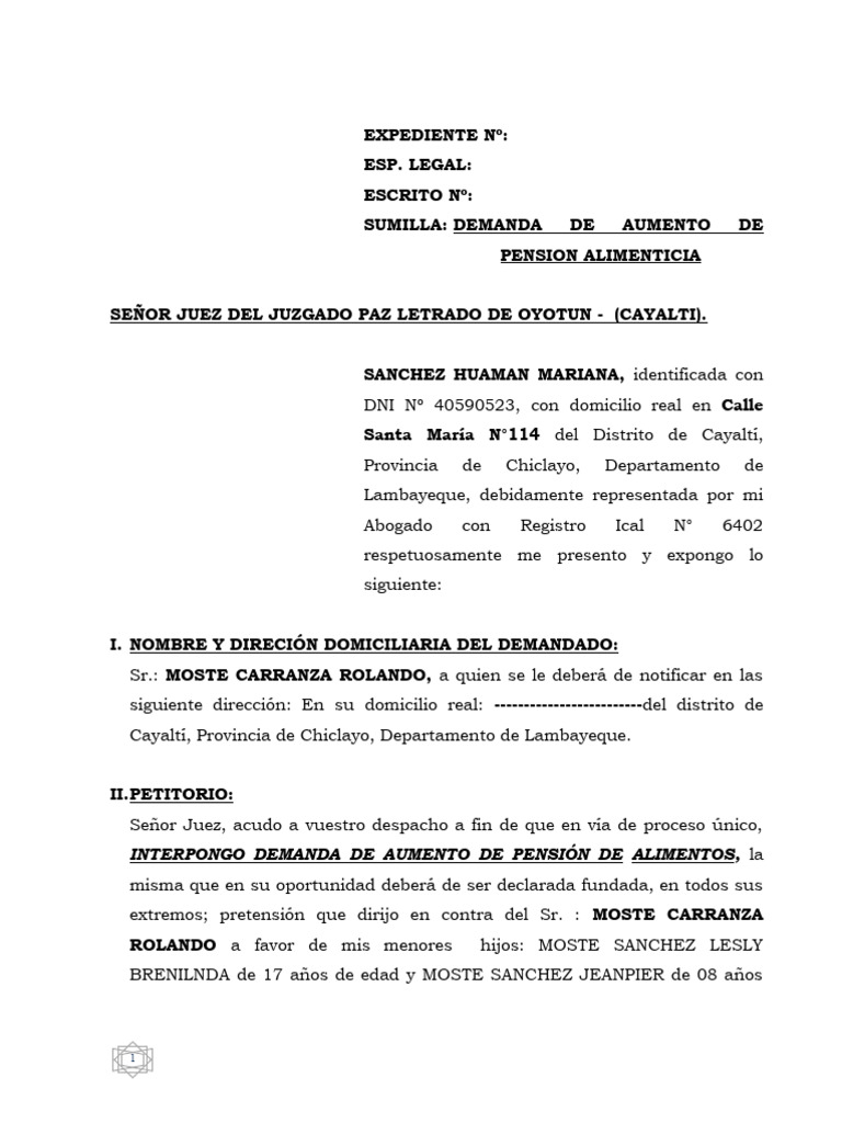 Aumento de Alimentos Mariana | PDF | Pensión alimenticia | Derechos de