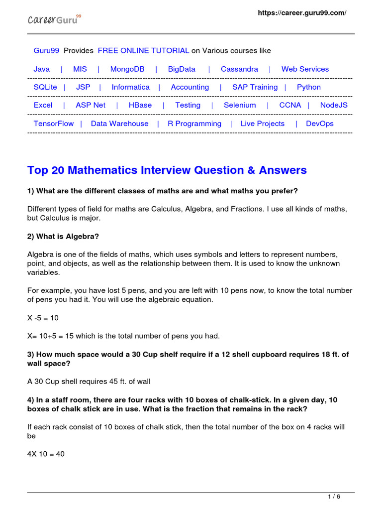 Top 20 Mathematics Interview Q&A | PDF