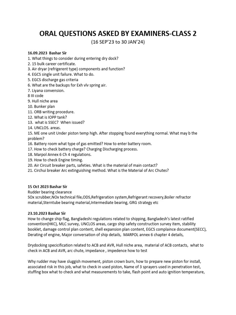 Oral Exam Questions for Class 2 | PDF | Pump | Boiler