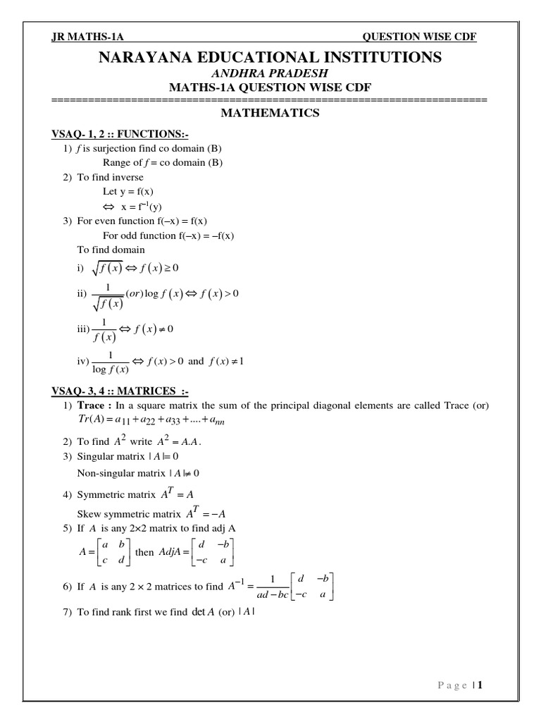Narayana Maths-1A CDF Guide | PDF | Matrix (Mathematics) | Function ...