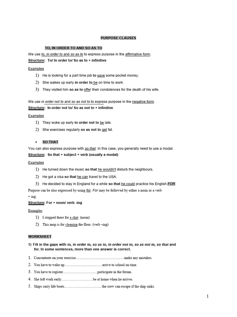 Purpose Clauses Explained: Usage & Examples | PDF | Verb | Language ...