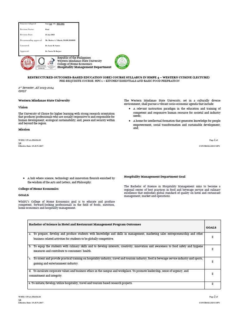 Western Cuisine Course Syllabus OBE | PDF | Business