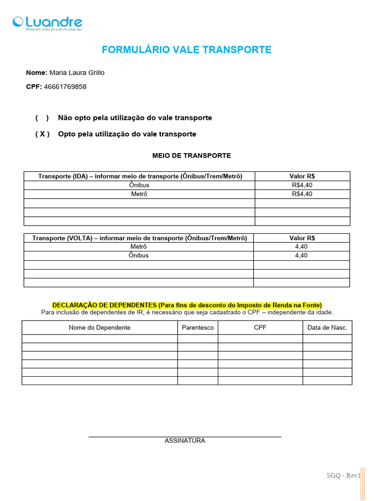 Formulário de Vale Transporte e Imposto de Renda | PDF