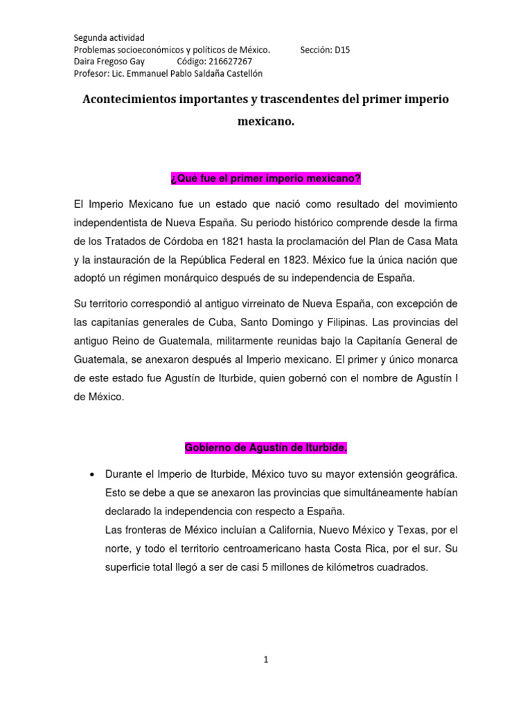 Acontecimientos Importantes y Trascendentes Del Primer Imperio Mexicano