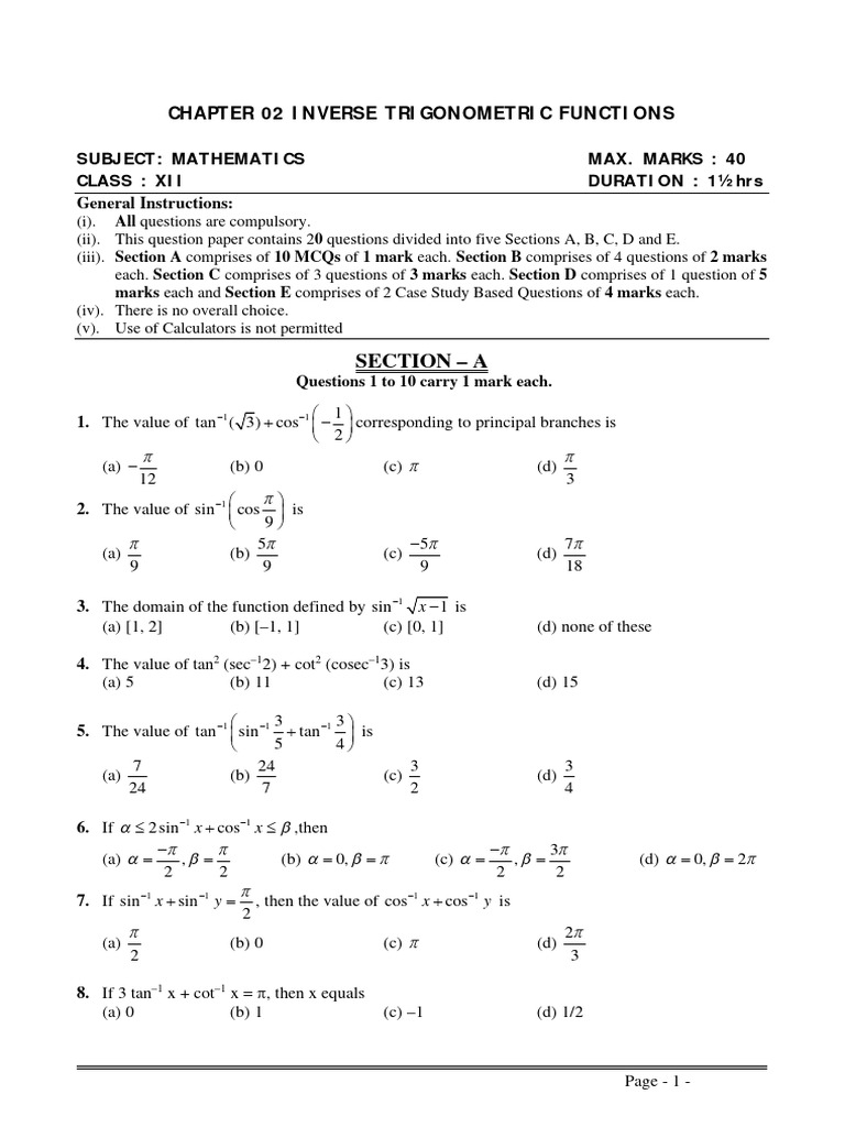 Class 12 Inverse Trigonometric Functions Test | PDF | Trigonometric ...