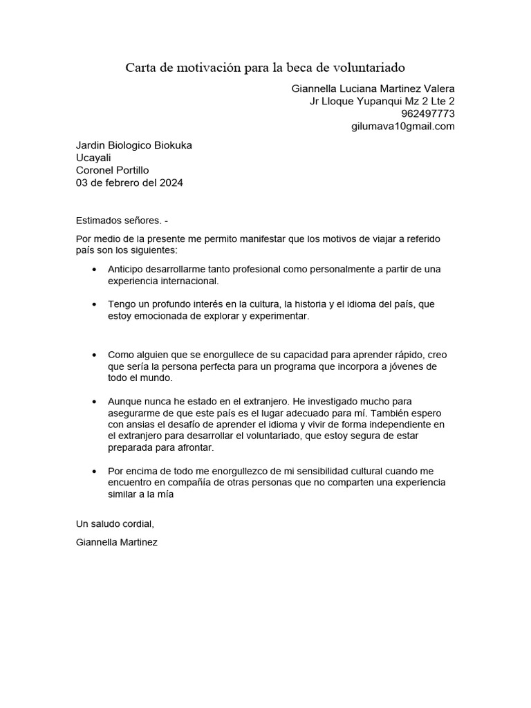 Carta de Motivación para La Beca de Voluntariado | PDF