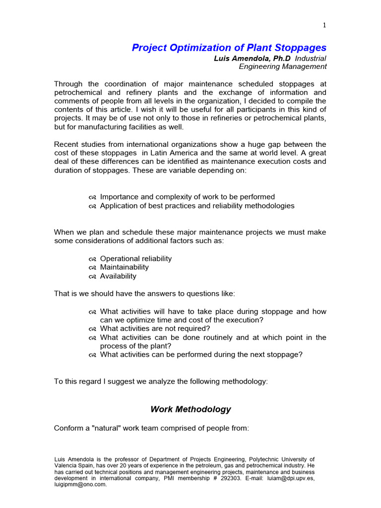 Plant Stoppage Optimization Strategies | PDF | Reliability Engineering ...