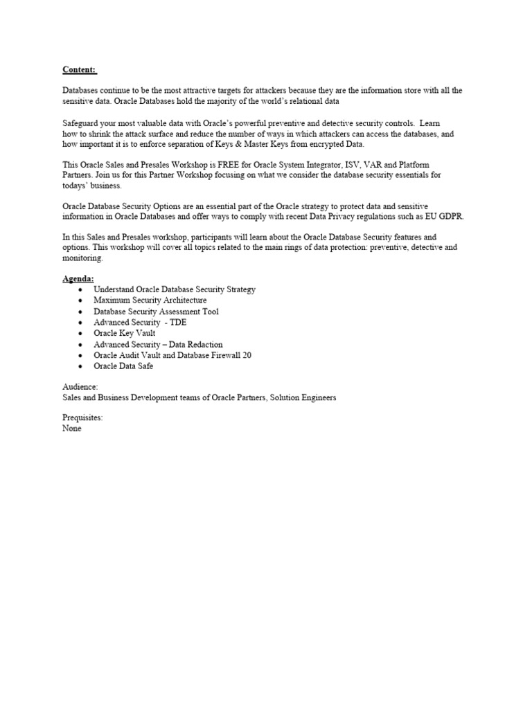 Oracle Database Security Workshop Overview | PDF