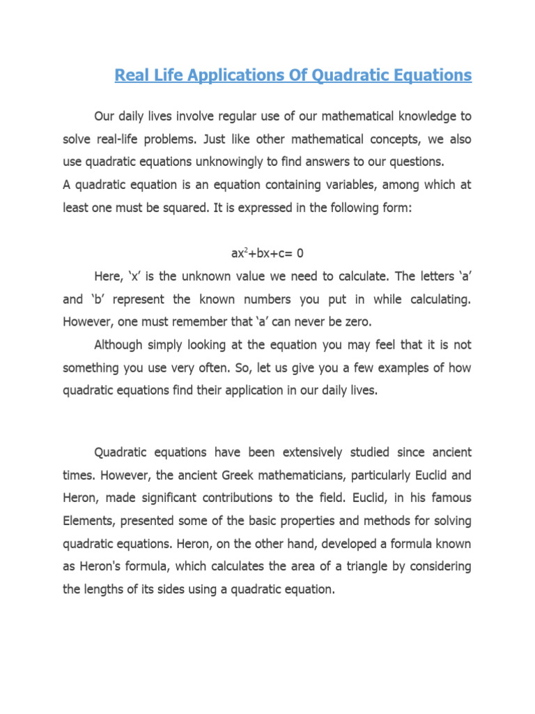 Real-Life Applications of Quadratic Equations | PDF | Equations ...