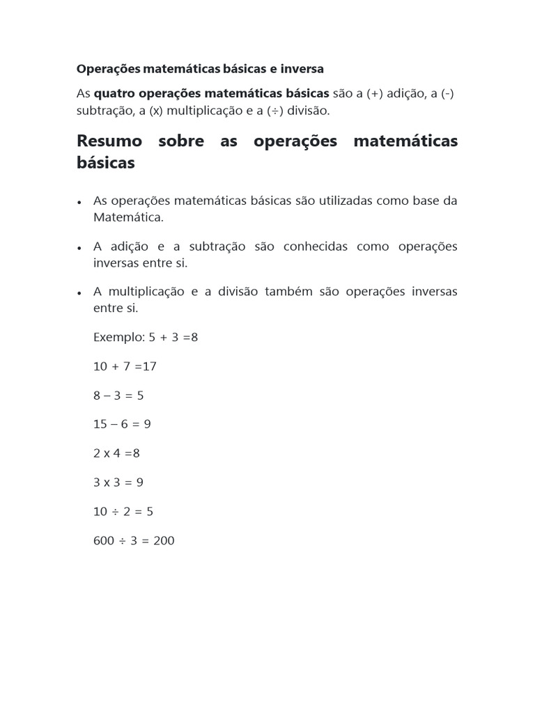Operações Inversas na Matemática 4º Ano | PDF | Matemática