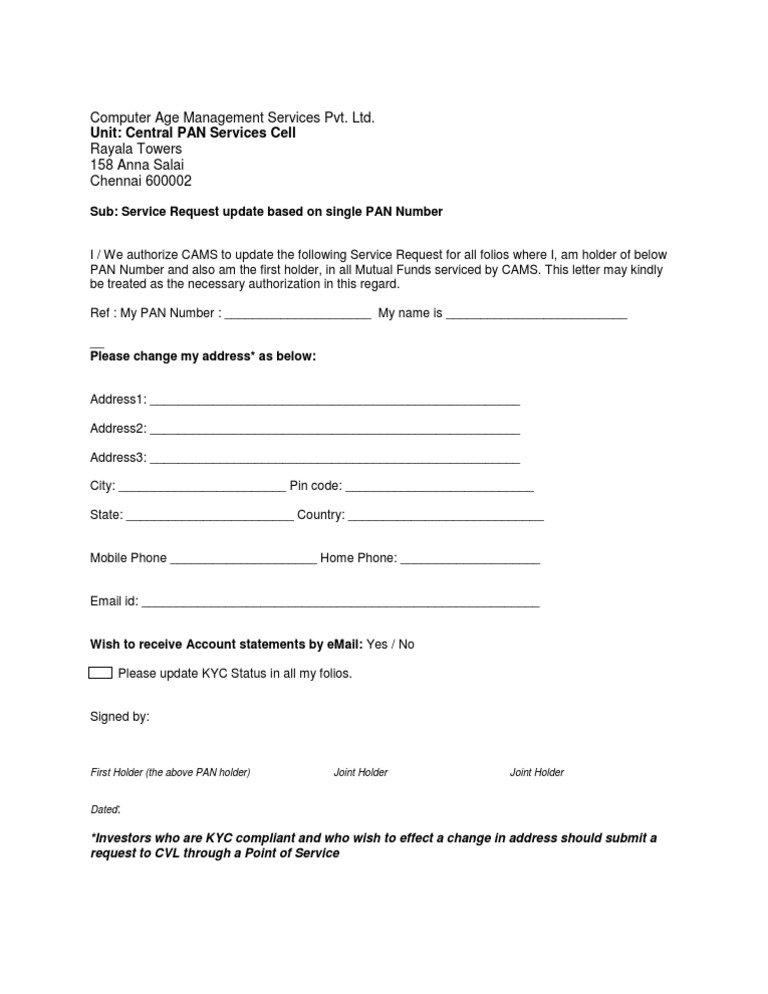CAMS PAN Service Request Update Form | PDF