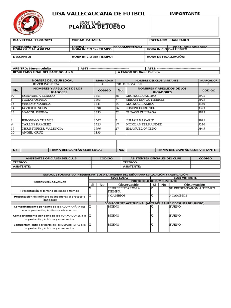 Planilla De Juego Fútbol Base Partido 654 Pdf