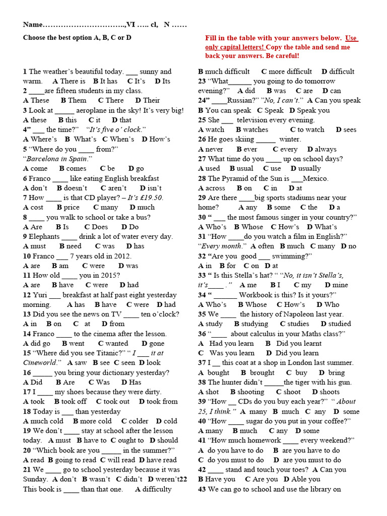 English Grammar Test Questions | PDF