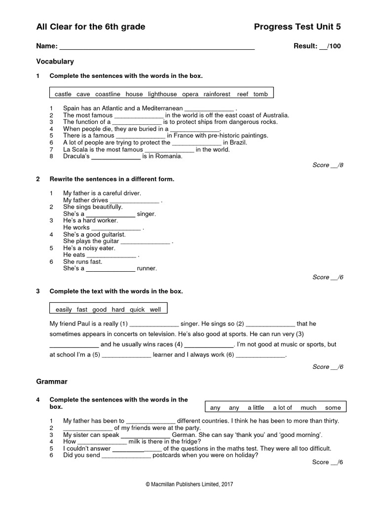All Clear 6th Grade Progress Test Unit 5 | PDF