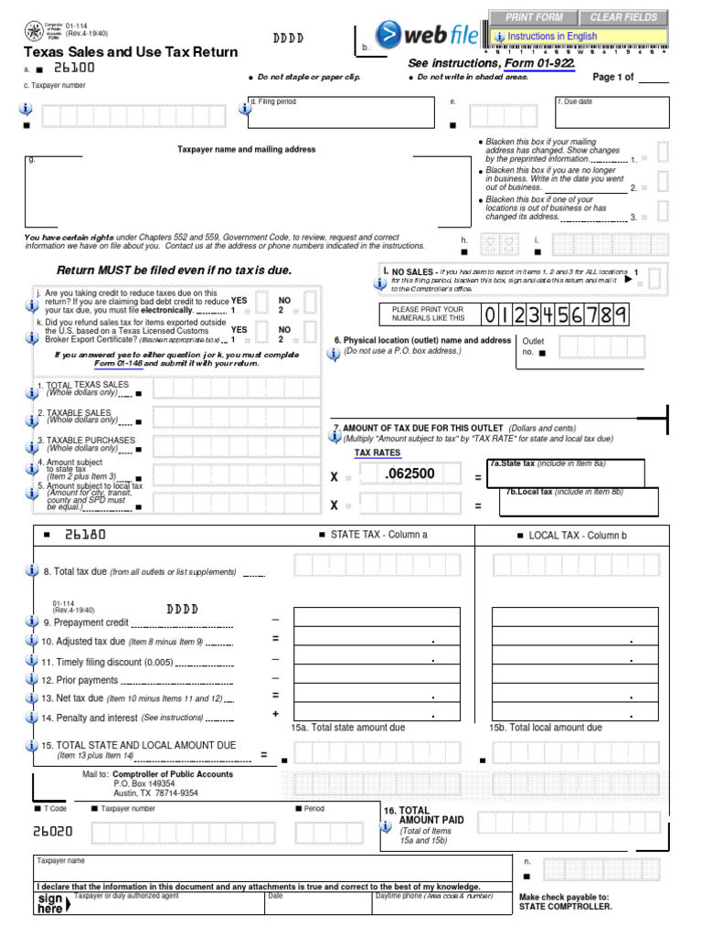 See Instructions, Form 01-922.: Texas Sales and Use Tax Return | PDF