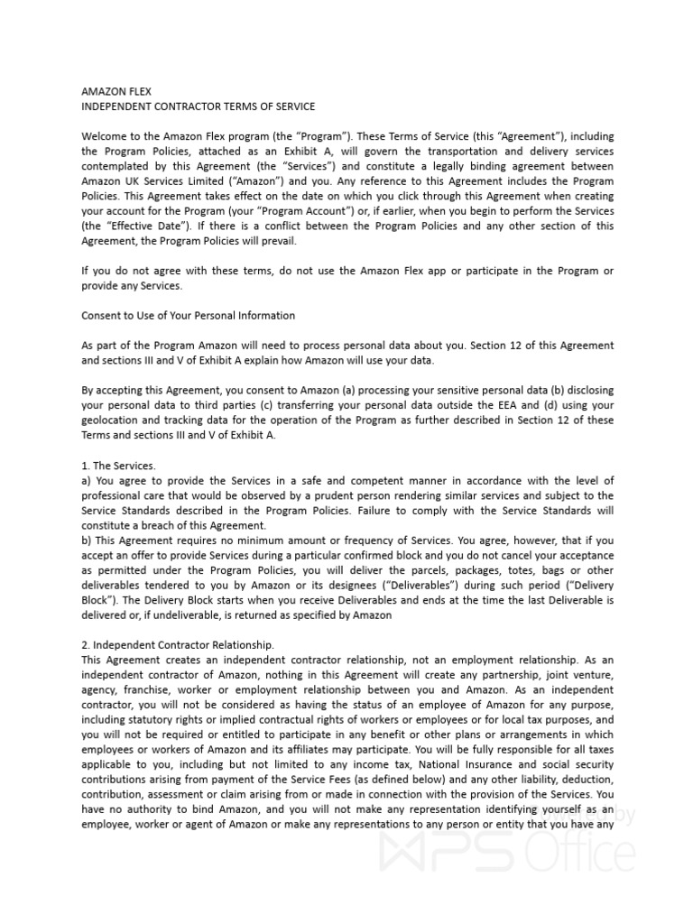 Amazon Flex Independent Contractor Terms of Service | PDF | Indemnity ...