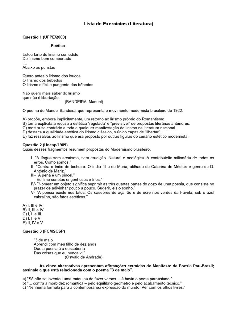 Exercícios sobre Modernismo Brasileiro | PDF