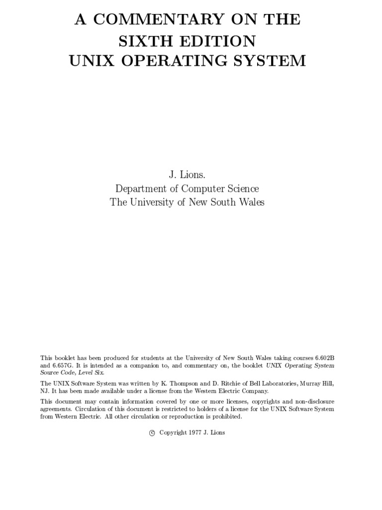 A Commentary On The Sixth Edition Unix Os Lions