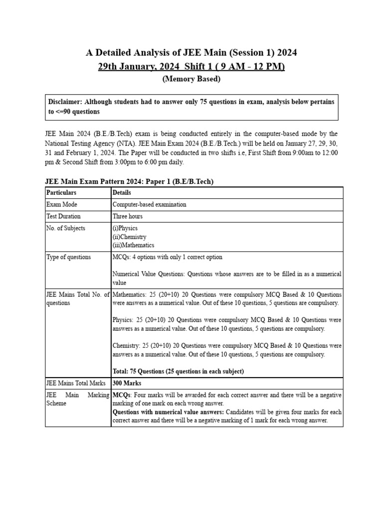 JEE Main 2024 Shift 1 Analysis | PDF | Academia | Educational ...