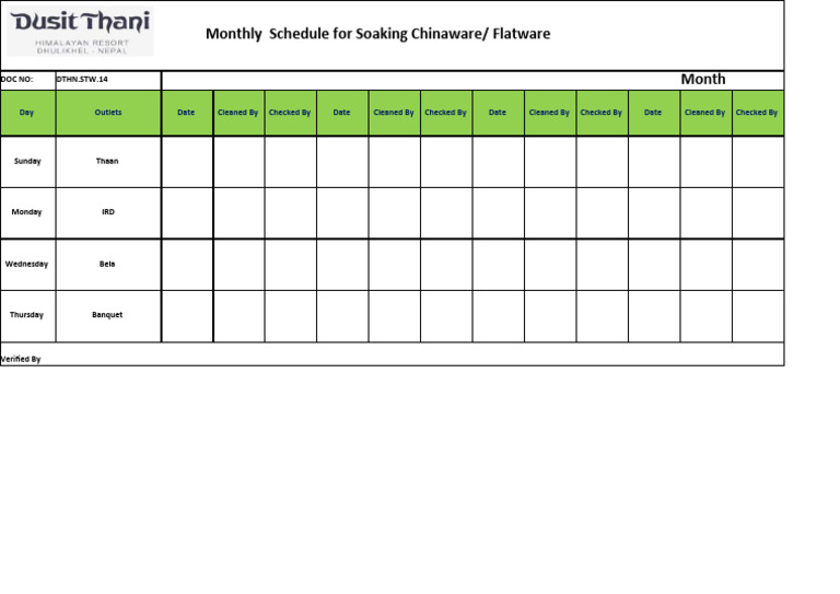 Monthly Chinaware Cleaning Schedule | PDF