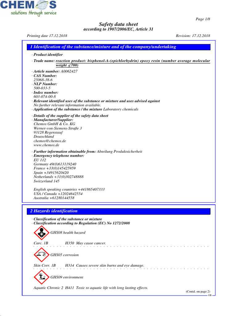 MSDS Bisphenol A epoxy resin PDF Dangerous Goods Toxicity